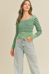 Emerald Striped Sweater With Scalloped Pointelle Hem