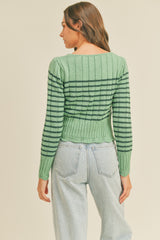 Emerald Striped Sweater With Scalloped Pointelle Hem