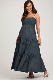 Navy Blue Smocked Square Neck Back Cutout Tiered Maternity Midi Dress