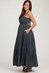 Navy Blue Smocked Square Neck Back Cutout Tiered Maternity Midi Dress