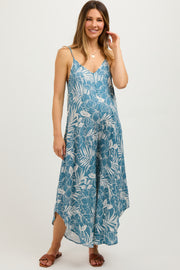 Blue Tropical Floral V-Neck Round Hem Maternity Jumpsuit