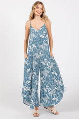 Blue Tropical Floral V-Neck Round Hem Jumpsuit