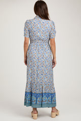 Blue Floral Button Up Maternity Midi Dress