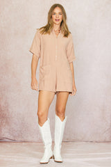 Almond Ribbed Button Down Romper