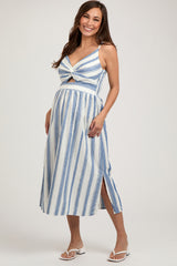 Blue Embroidered Striped Front Cutout Side Slit Maternity Midi Dress