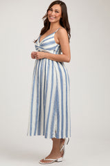 Blue Embroidered Striped Front Cutout Side Slit Maternity Midi Dress