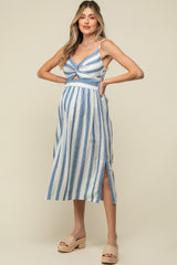 Blue Embroidered Striped Front Cutout Side Slit Maternity Midi Dress