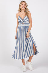 Blue Embroidered Striped Front Cutout Side Slit Maternity Midi Dress