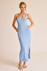 Light Blue Rib Knit Side Slit Maternity Maxi Dress