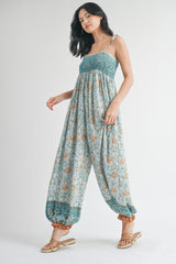 Light Blue Floral Border Print Smocked Shoulder Tie Jumpsuit