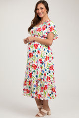 Ivory Floral Flutter Sleeve Smocked Maternity Midi Dress