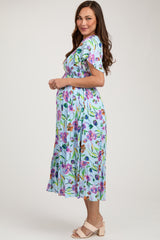 Light Blue Floral Flutter Sleeve Smocked Maternity Midi Dress