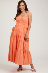 Orange Smocked V-Neck Sleeveless Tiered Maternity Midi Dress