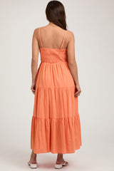 Orange Smocked V-Neck Sleeveless Tiered Maternity Midi Dress