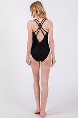 Black Ribbed V-Neck Ruched Criss Cross Low Back One Piece Swimsuit