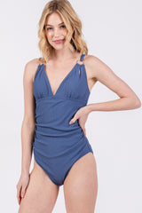 Blue Ribbed V-Neck Ruched Criss Cross Low Back One Piece Swimsuit