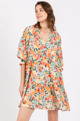 Peach Fruit Print Long Sleeve Tiered Maternity Dress