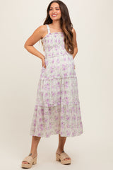 Lavender Floral Smocked Square Neck Ruffle Tiered Maternity Midi Dress