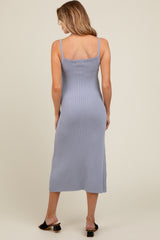 Light Blue Square Neck Ribbed Sleeveless Maternity Midi Dress