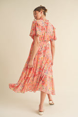 Coral Pink Floral Ruffle Accent Midi Dress