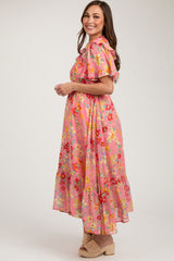 Coral Pink Floral Ruffle Accent Maternity Midi Dress