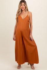 Rust V-Neck Sleeveless Wide Leg Maternity Jumpsuit