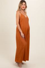 Rust V-Neck Sleeveless Wide Leg Maternity Jumpsuit