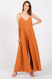 Rust V-Neck Sleeveless Wide Leg Jumpsuit