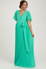 Aqua Chiffon Wrap Front V-Neck Short Sleeve Pleated Maternity Maxi Dress