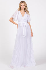 White Chiffon Wrap Front V-Neck Short Sleeve Pleated Maxi Dress