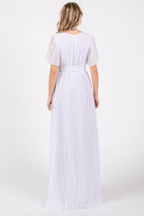 White Chiffon Wrap Front V-Neck Short Sleeve Pleated Maxi Dress