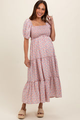 Light Pink Floral Smocked Tiered Puff Sleeve Maternity Maxi Dress