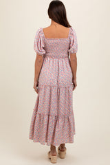 Light Pink Floral Smocked Tiered Puff Sleeve Maternity Maxi Dress