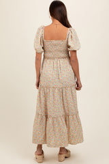 Cream Floral Smocked Tiered Puff Sleeve Maternity Maxi Dress