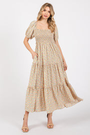 Cream Floral Smocked Tiered Puff Sleeve Maxi Dress