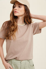 Taupe Contrast Neck Band Short Sleeve Maternity Top