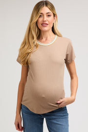 Taupe Contrast Neck Band Short Sleeve Maternity Top