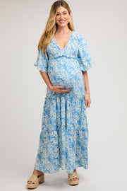 Blue Floral Smocked V-Neck Ruffle Tiered Maternity Maxi Dress