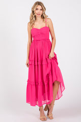 Fuchsia Sleeveless Pleated Ruffle Tiered Midi Dress