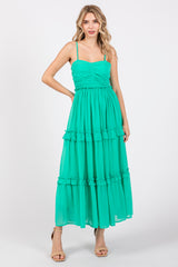 Green Sleeveless Pleated Ruffle Tiered Maternity Midi Dress