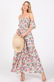 Cream Floral Off Shoulder Dress