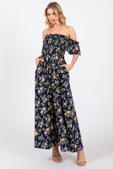 Navy Blue Floral Off Shoulder Maternity Dress