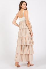 Beige Colorblock Crochet Tiered Maxi Dress