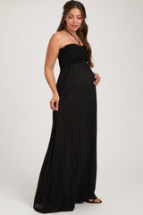 Black Smocked Halter Maternity Maxi Dress