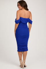 Royal Off Shoulder Sleeveless Ruched Mesh Maternity Midi Dress