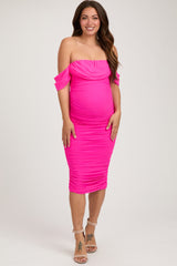 Fuchsia Off Shoulder Sleeveless Ruched Mesh Maternity Midi Dress