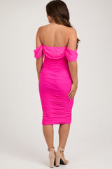 Fuchsia Off Shoulder Sleeveless Ruched Mesh Maternity Midi Dress