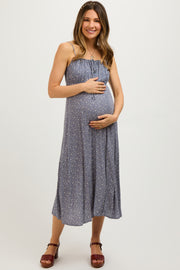 Blue Ditsy Floral Side Slit Maternity Midi Dress