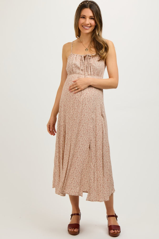 Beige Ditsy Floral Side Slit Maternity Midi Dress – PinkBlush