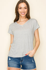 Black Striped V-Neck Short Sleeve Top